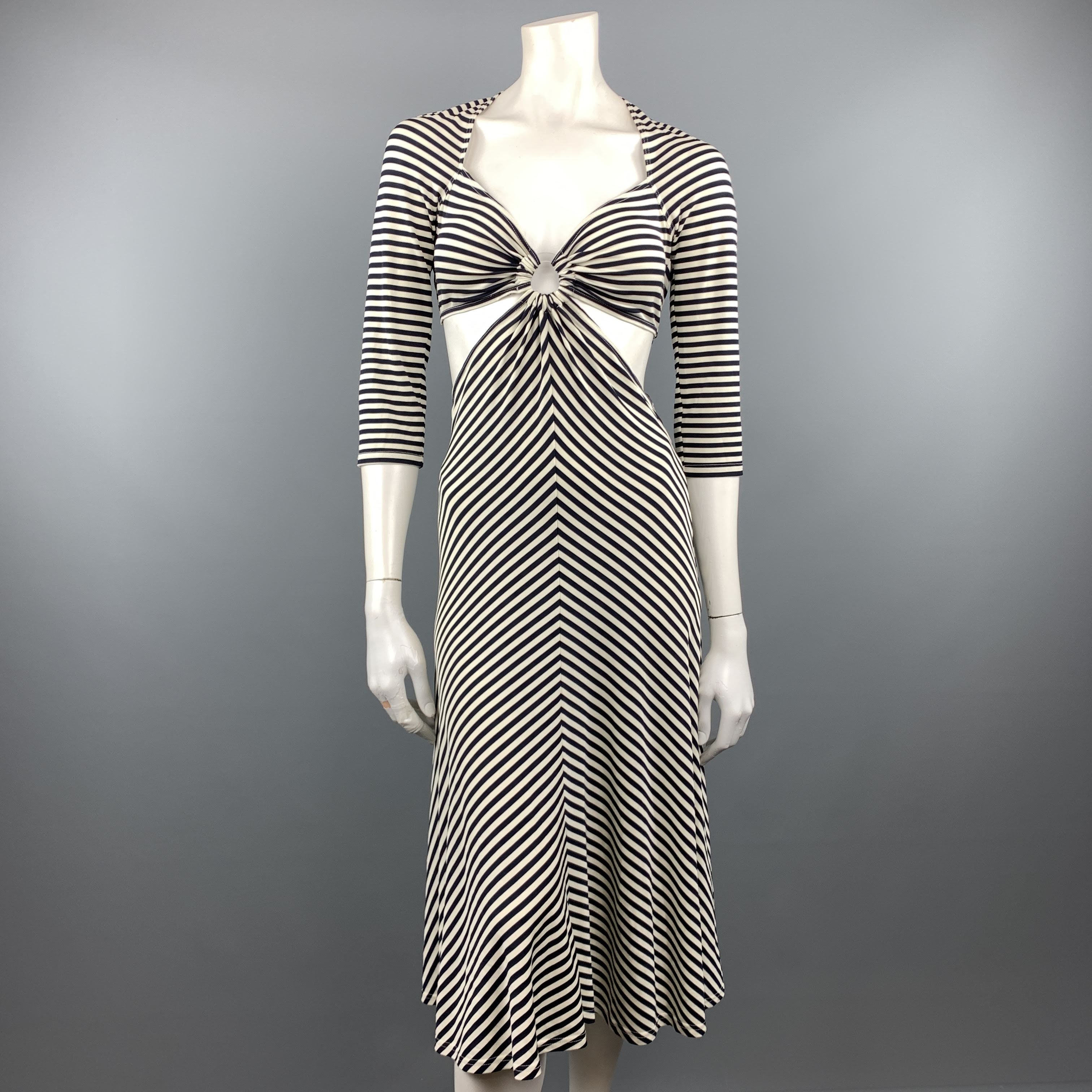 MICHAEL KORS Size 10 Navy White Striped Cutout Hoop Dress