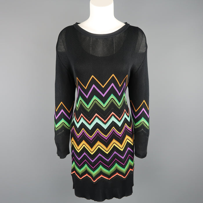 MISSONI Size L Black Multi-Color Chevron Silk Knit Long Sleeve Scoop Neck Dress