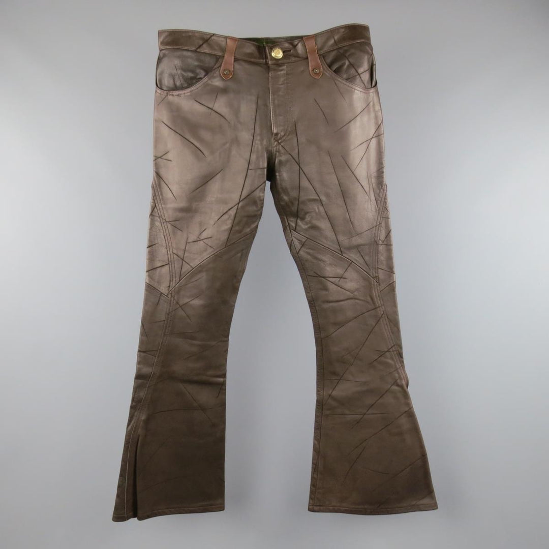 OBELISK Size 32 Brown Distressed Leather Bell Bottom Pants