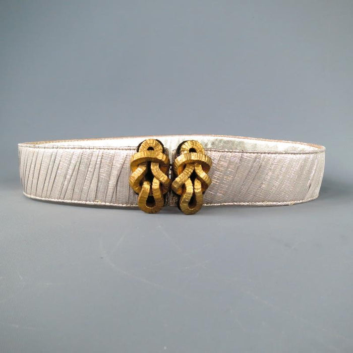 OSCAR DE LA RENTA Silver Metallic Tulle Gold Knot Buckle Leather Belt