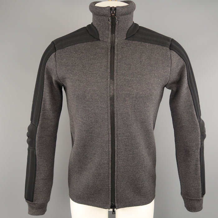 PRADA S Gray Wool Knit High Collar Black Padded Moto Sleeve Jacket
