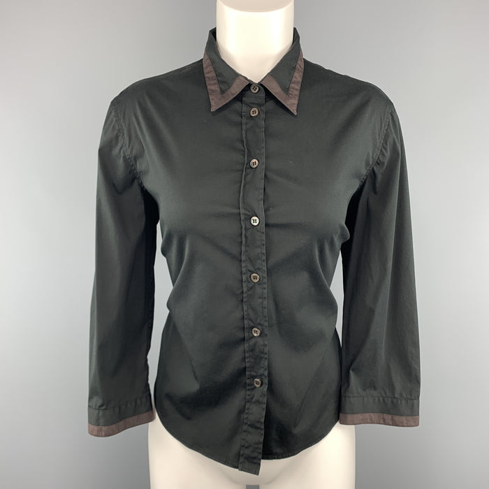 PRADA Size 10 Black Stretch Cotton Brown Trim Blouse