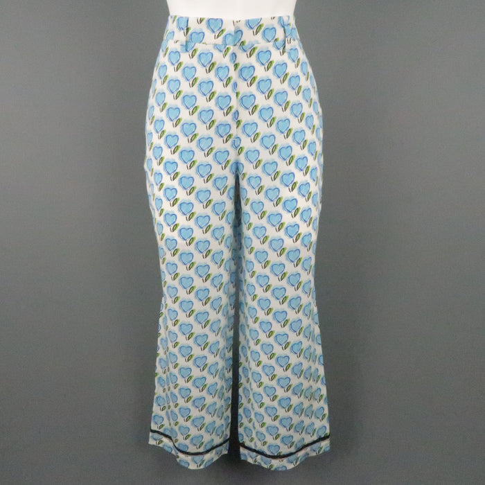 PRADA Size 2 White & Blue Silk Heart Print Casual Pants