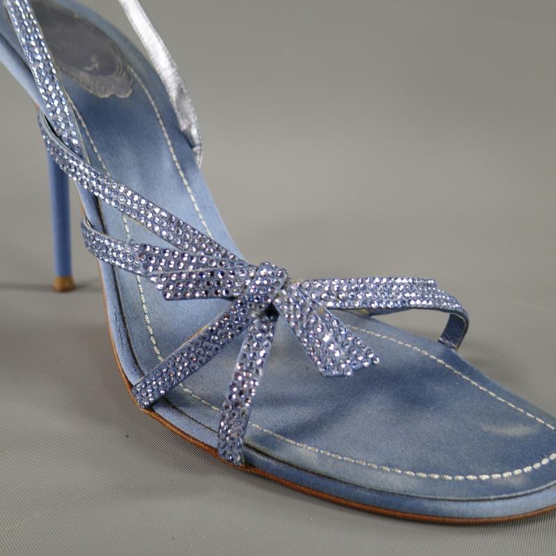 RENE CAOVILLA 10 Light Blue Swarovski Crystal Bow Strap Silk Slingback Sandals