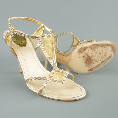 RENE CAOVILLA Size 10 Beige Rhinestone Leather & Gold Lace Sandals
