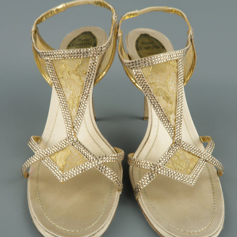 RENE CAOVILLA Size 10 Beige Rhinestone Leather & Gold Lace Sandals