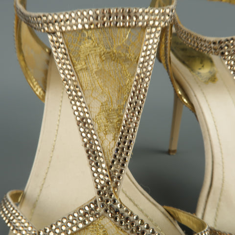 RENE CAOVILLA Size 10 Beige Rhinestone Leather & Gold Lace Sandals