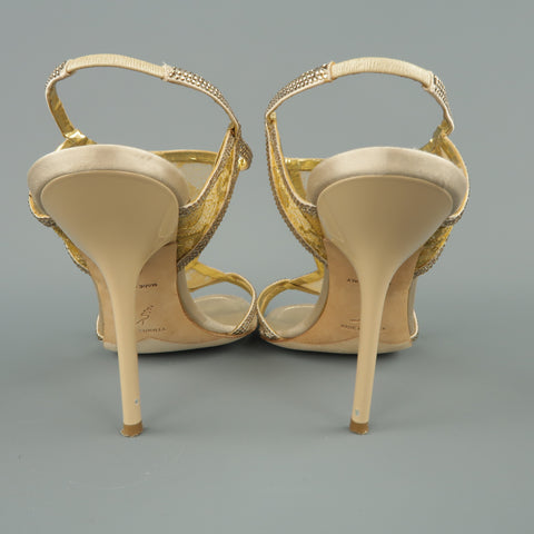 RENE CAOVILLA Size 10 Beige Rhinestone Leather & Gold Lace Sandals