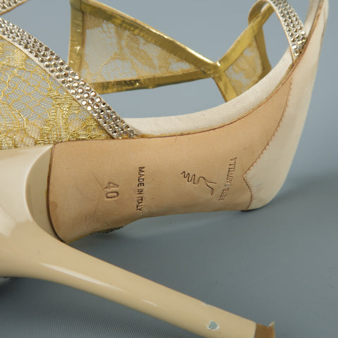 RENE CAOVILLA Size 10 Beige Rhinestone Leather & Gold Lace Sandals