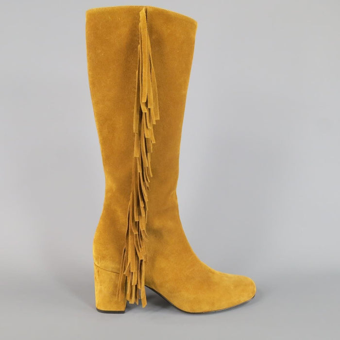 SAINT LAURENT Size 8.5 Tan Suede Fringe Knee High Boots