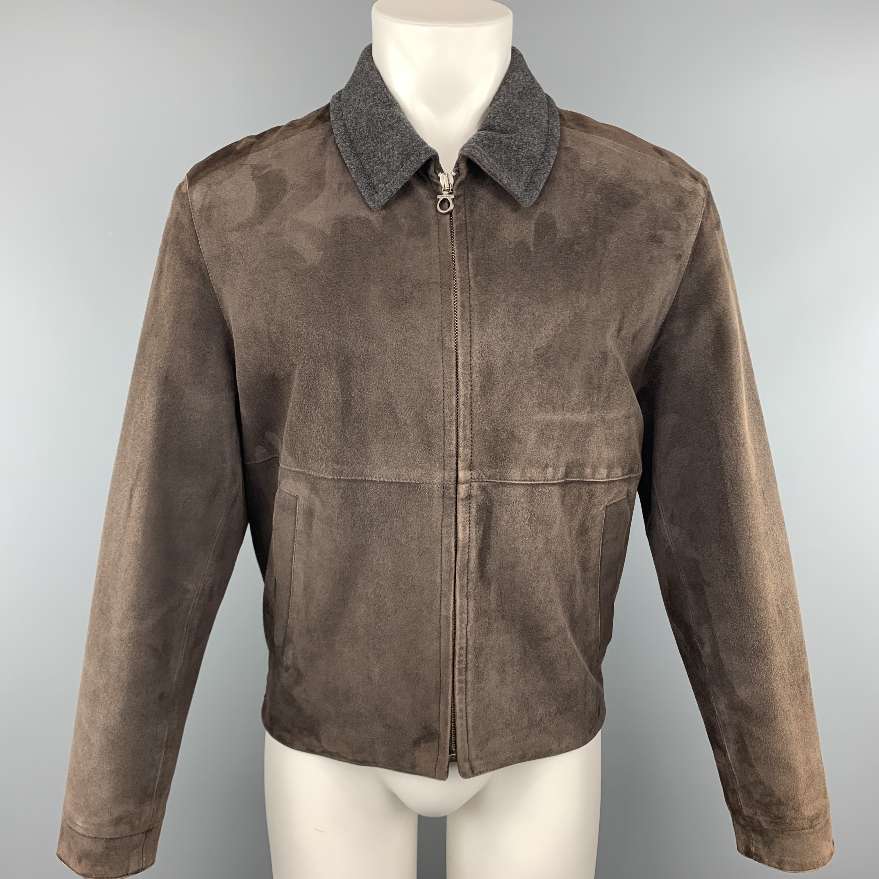 50%OFF Brown 38 FERRAGAMO SALVATORE Suede Sui – Jacket Collar Grey ジャケット・アウター