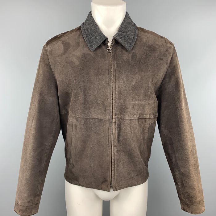 SALVATORE FERRAGAMO 38 Brown Suede Grey Collar Jacket