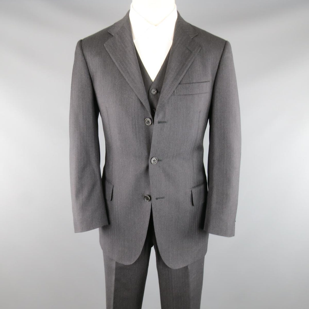 SALVATORE FERRAGAMO 38 Regular Charcoal Herringbone Wool 3 Piece Suit