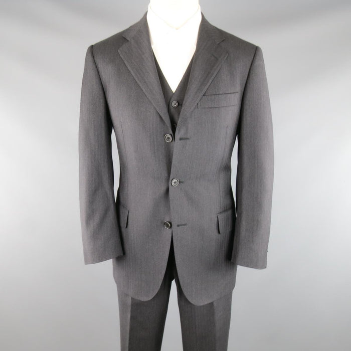 SALVATORE FERRAGAMO 38 Regular Charcoal Herringbone Wool 3 Piece Suit