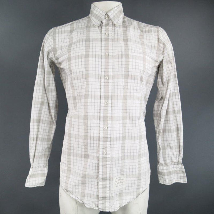 THOM BROWNE Size L Light Gray Cotton Long Sleeve Plaid Pattern Shirt