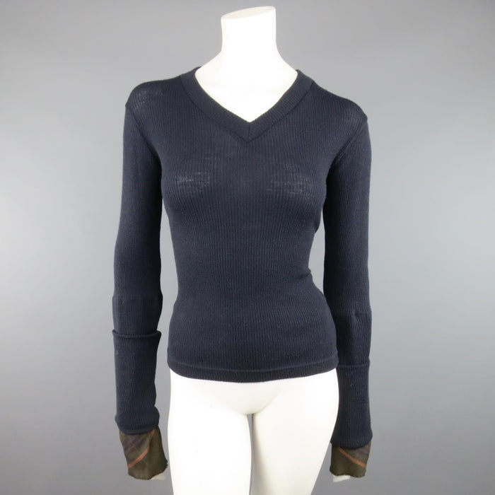 Y's by YOHJI YAMAMOTO Size M Navy Ribbed Wool Extended Plaid Sleeve Pullover
