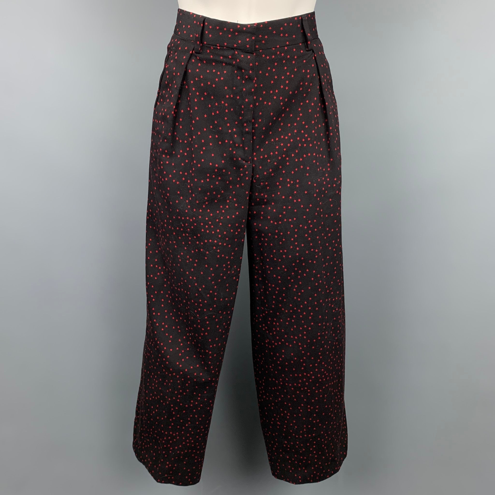DRIES VAN NOTEN Size 6 Black & Red Star Print Cotton Wide
