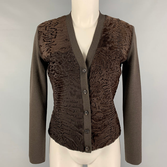 PRADA Size 4 Brown Wool Mixed Materials Lamb Fur Trim V-Neck Cardigan