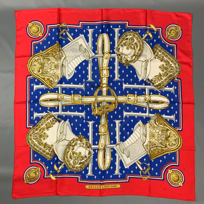 Vintage HERMES Selles a Housse Multi-Color Equestrian Silk Scarf