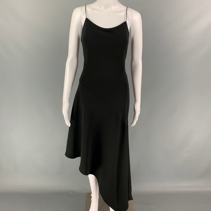 CELINE Size 6 Black Silk Spaghetti Straps Mid-Calf Cocktail Dress