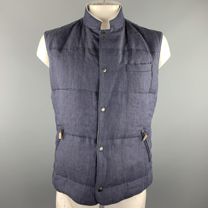 BRUNELLO CUCINELLI Size XL Navy Quilted Linen Snaps Vest