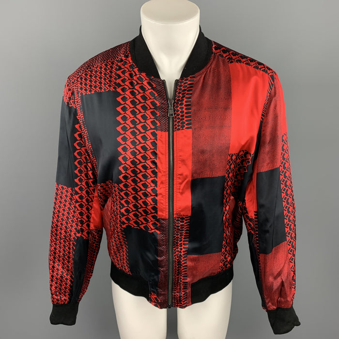 ROBERTO CAVALLI Pre-Fall 2018 Size 40 Black & Red Print Viscose Zip Up Jacket