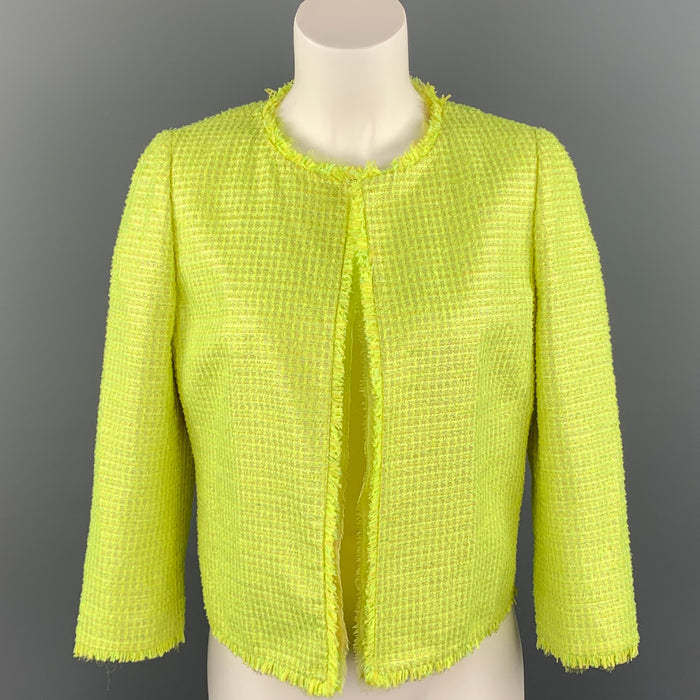GIAMBATTISTA VALLI Size 8 Green Woven Paper Blend Cropped Open Front Jacket