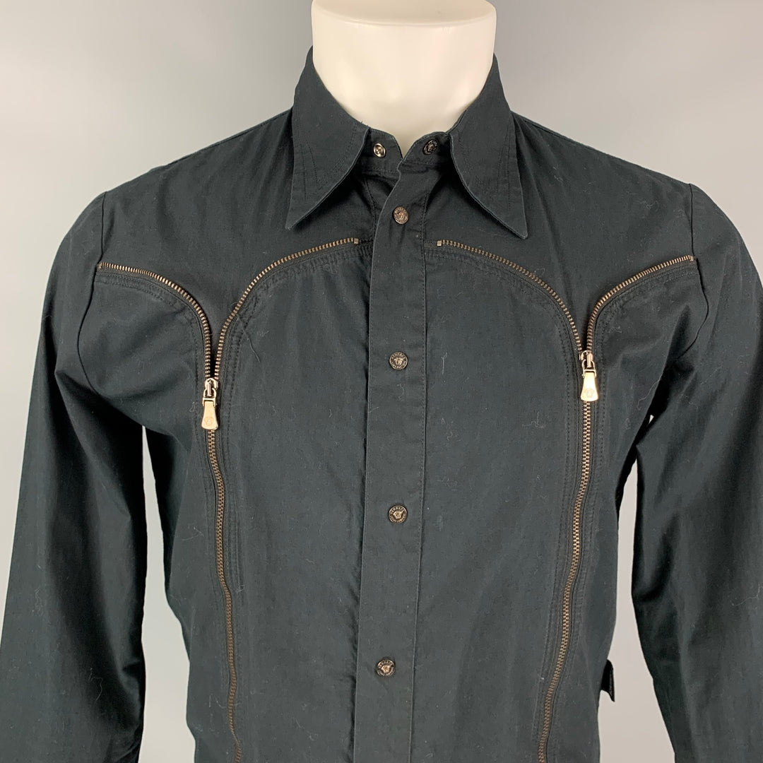 VERSACE JEANS COUTURE Taille M Chemise à manches longues en coton noir avec boutons-pression