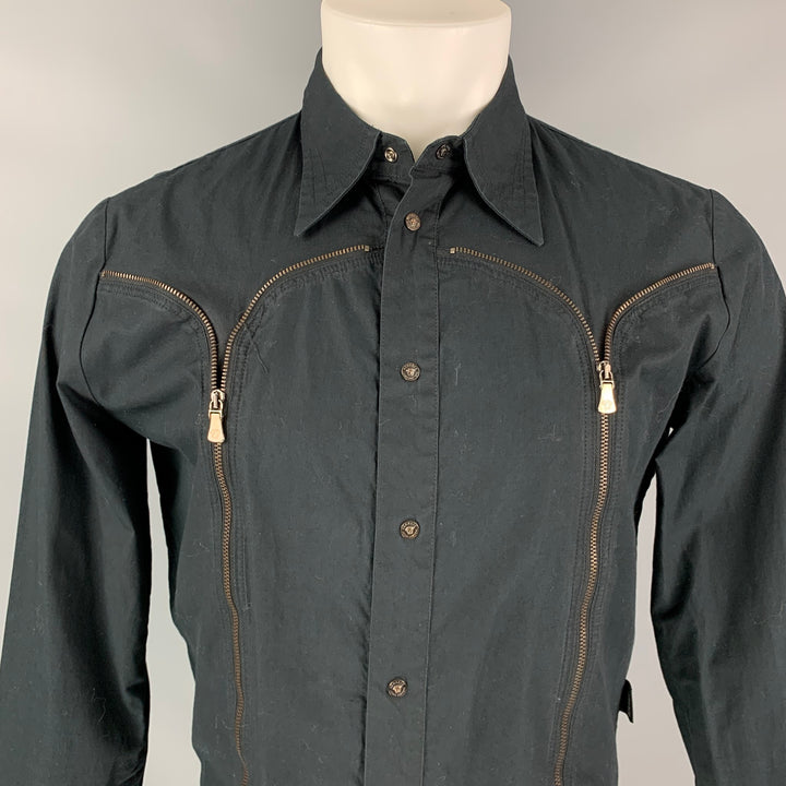 VERSACE JEANS COUTURE Taille M Chemise à manches longues en coton noir avec boutons-pression