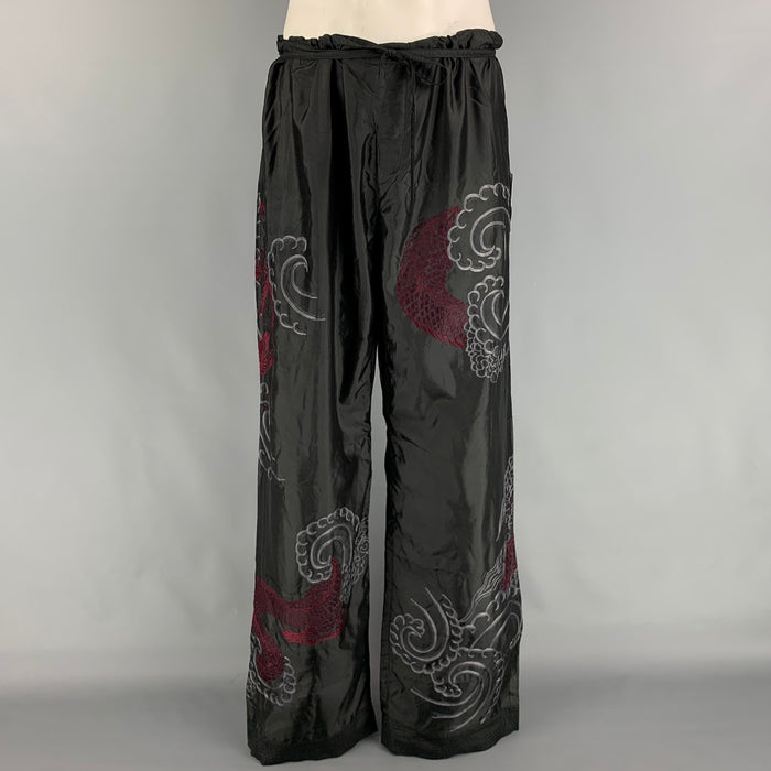 GUCCI by TOM FORD 2001 XL Black Dragon Embroidered Silk Wide Leg Karate Pants