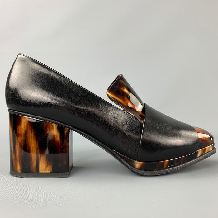 DRIES VAN NOTEN Size 9.5 Black & Brown Tortoiseshell Leather Moccasin Pumps
