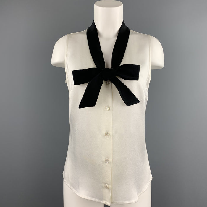 MICHAEL KORS Size 6 White Crepe Black Tie Sleeveless Blouse
