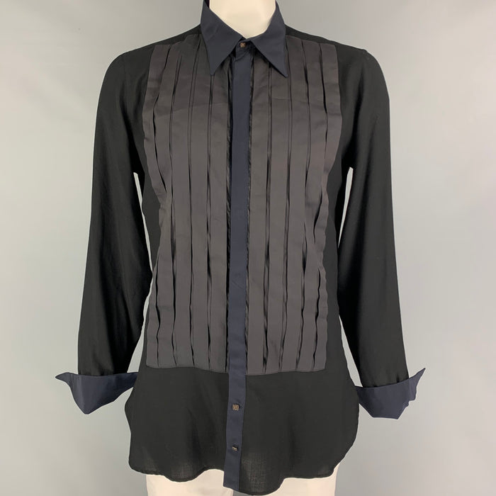 ROBERTO CAVALLI Size XL Black Navy Charcoal Pleated Tuxedo Long Sleeve Shirt