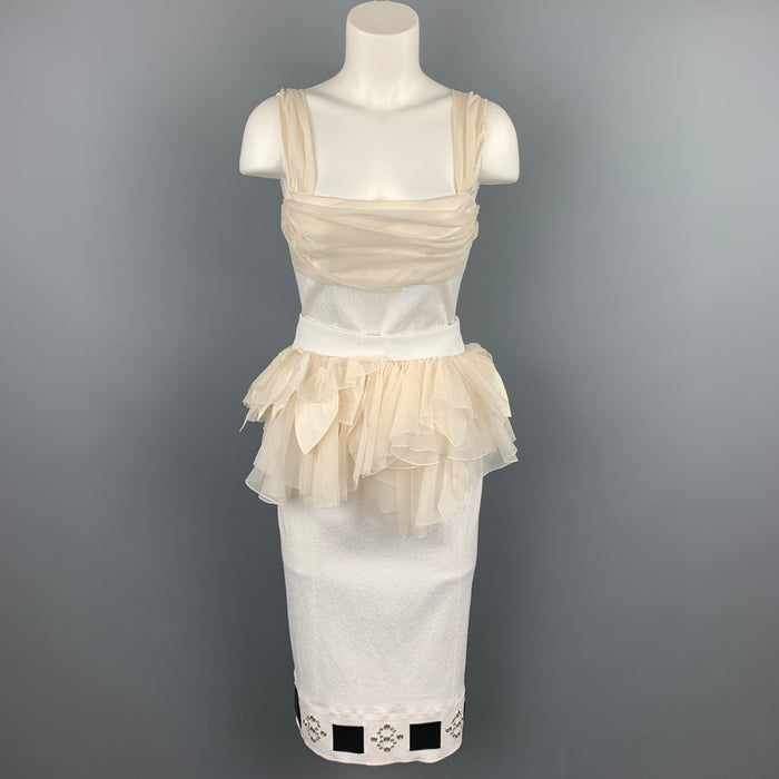 LOUIS VUITTON Size 6 White & Beige Ruched Bust Ruffled Belt Cocktail Dress