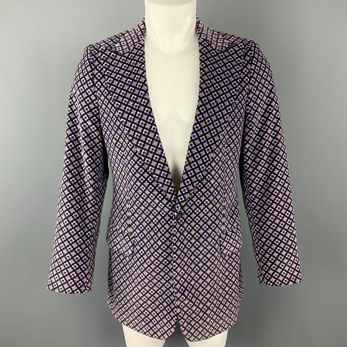 MICHAEL KORS Size 40 Purple & Black Print Cotton Velvet Peak Lapel Sport Coat