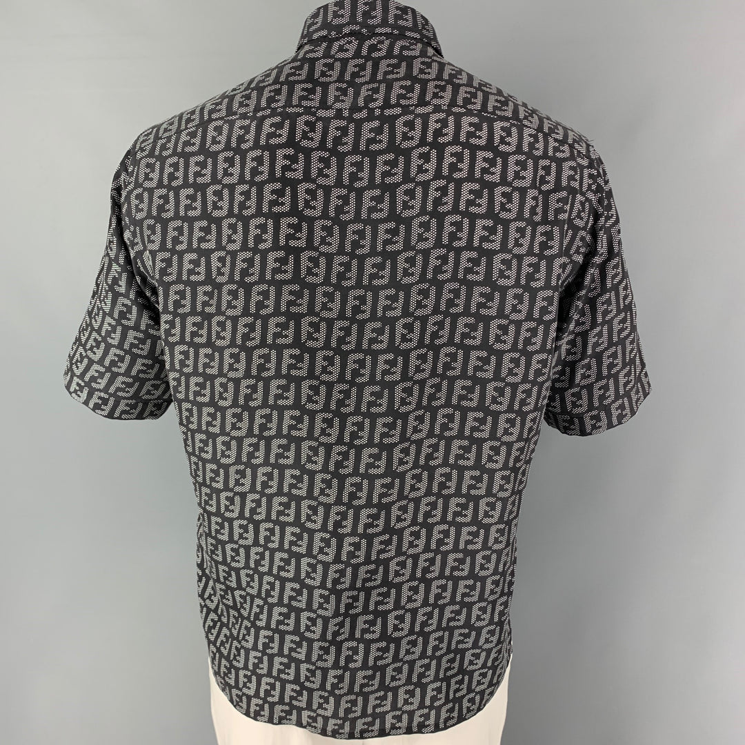 FENDI Size M Black White Logo Silk Button Down Short Sleeve Shirt