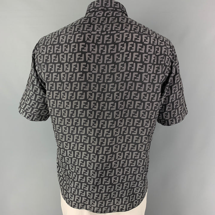 FENDI Size M Black White Logo Silk Button Down Short Sleeve Shirt