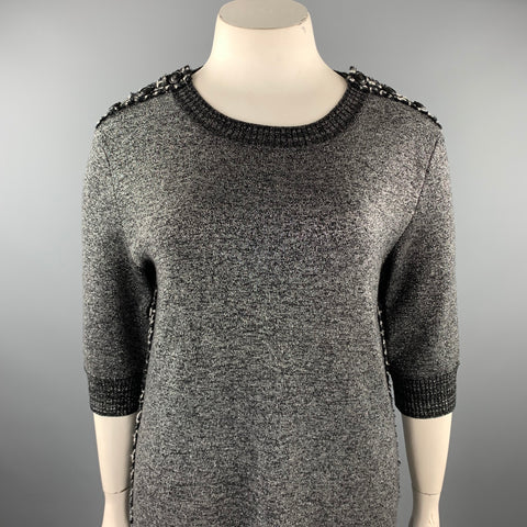 CHANEL Size 14 Silver Knitted Textured Wool Blend Shift Dress