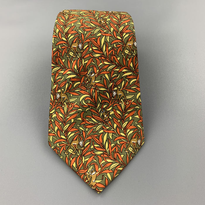 SALVATORE FERRAGAMO Olive Green & Orange Silk Monkey Print Tie