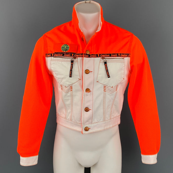 Vintage GAULTIER JEANS Size M Orange & White Mixed Fabrics Cropped Jacket