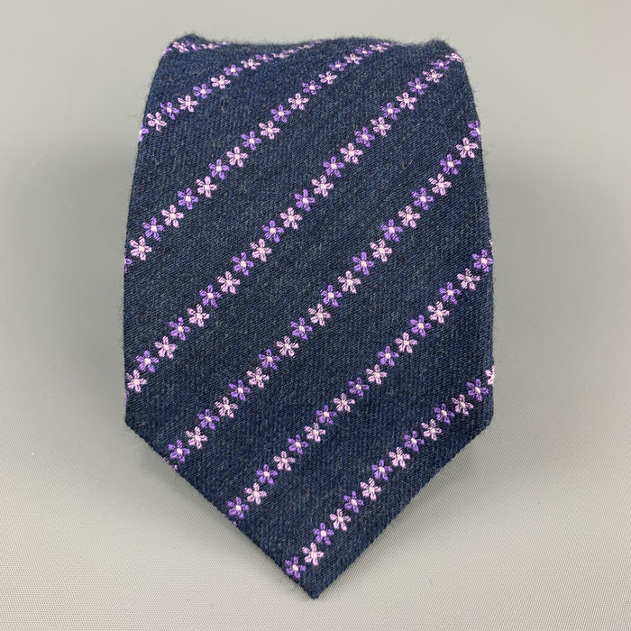 CHRISTIAN LACROIX Navy & Purple Floral Stripe Silk / Wool Tie