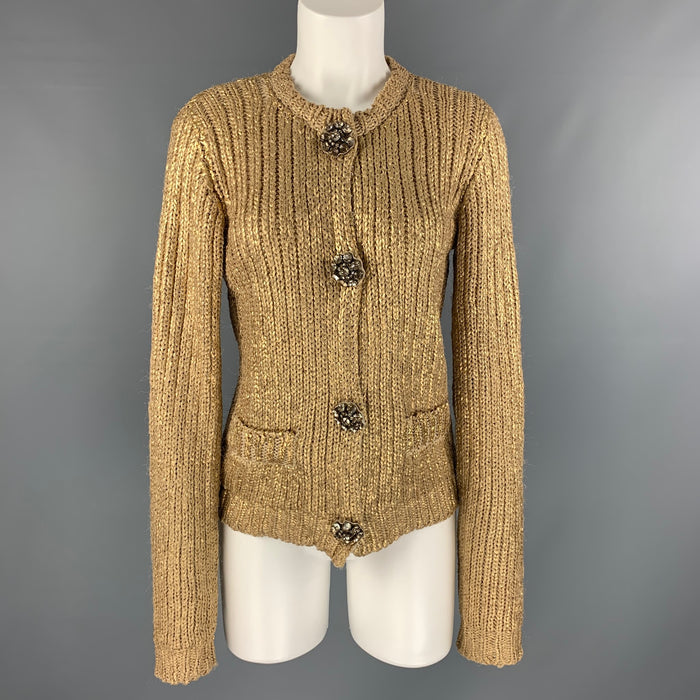LANVIN Size S Gold Knitted Silk Snaps Cardigan