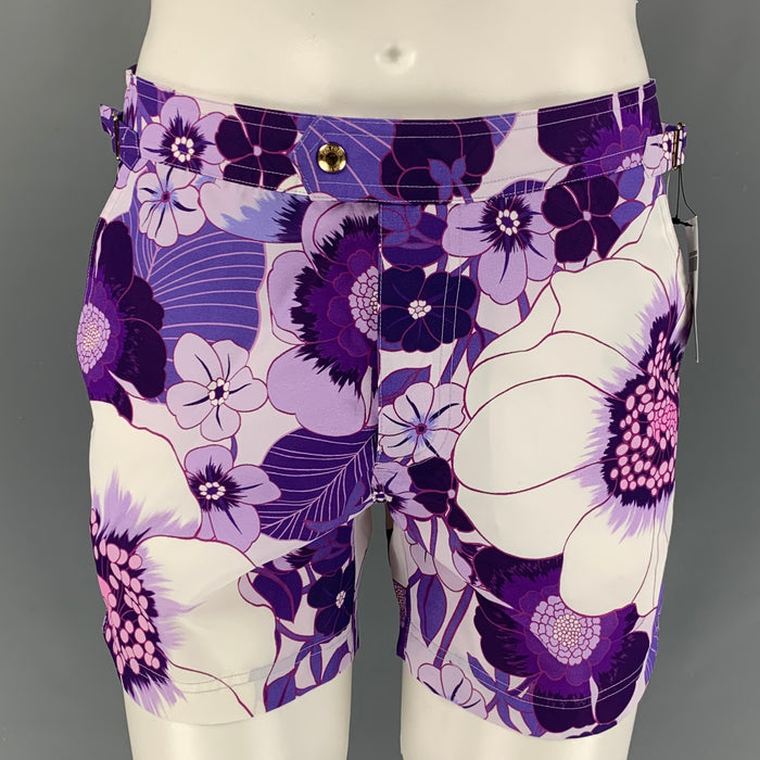 TOM FORD Size S Purple White Floral Polyamide Side Tabs Swim Trunks