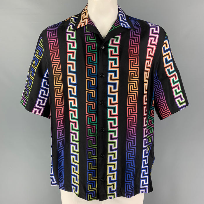 VERSACE Size L Black Print Silk Camp Short Sleeve Shirt