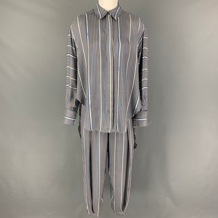 LOEWE Size 2 Grey White Blue Silk Stripe Asymmetrical Set