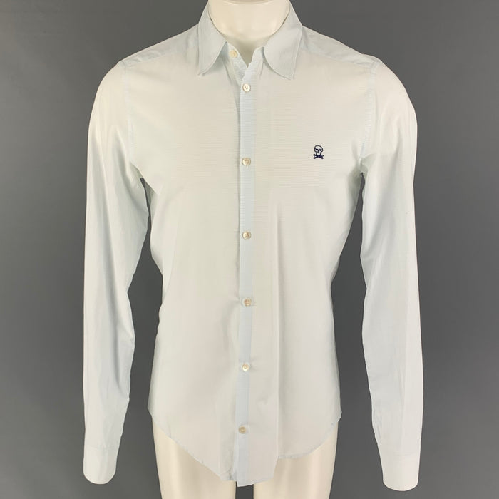 PRADA Size M White Light Blue Stripe Cotton Button Up Long Sleeve Shirt
