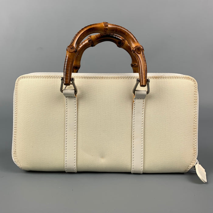 Vintage GUCCI Cream & Brown Nylon Leather Bamboo Handle Handbag