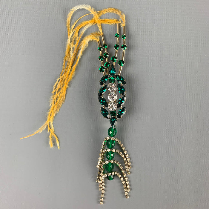 DRIES VAN NOTEN All Too Human Green & Gold Rhinestones Feathers Brooch