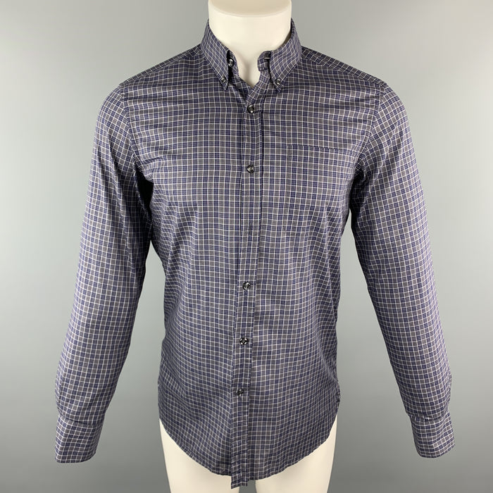 YVES SAINT LAURENT Size S Grey Navy Plaid Cotton Button Down Patch Pocket Long Sleeve Shirt