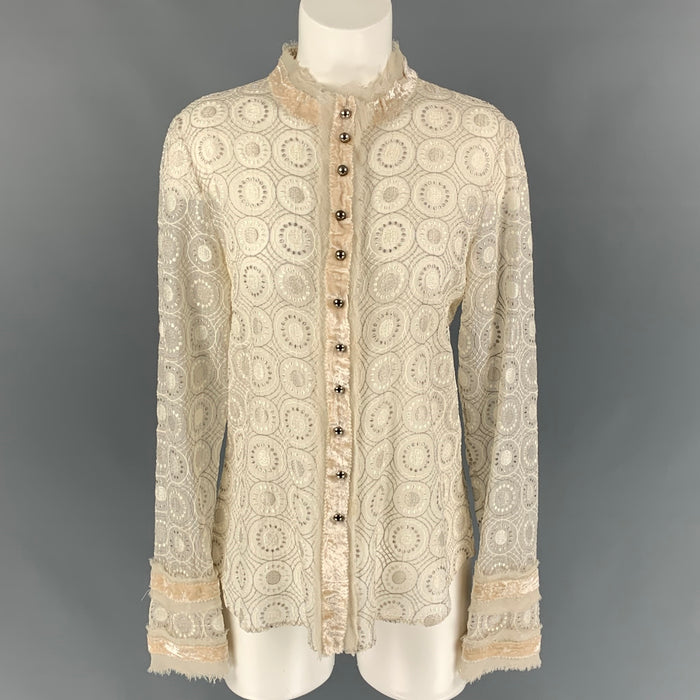 MARC JACOBS x BERGDORF GOODMAN Size 6 Beige Silk Embroidered Nehru Collar Blouse